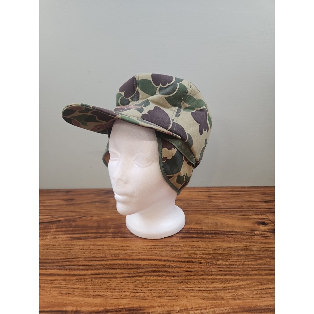VTG Duxbak Green Camo Hunting Foam Insulated Ear Flaps Hat Fitted 7 1/4 NOS